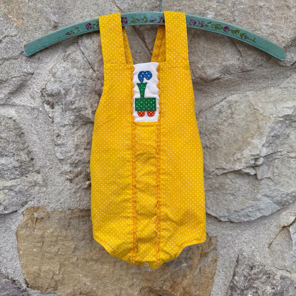 Vintage yellow train baby bubble romper size 9-12 months